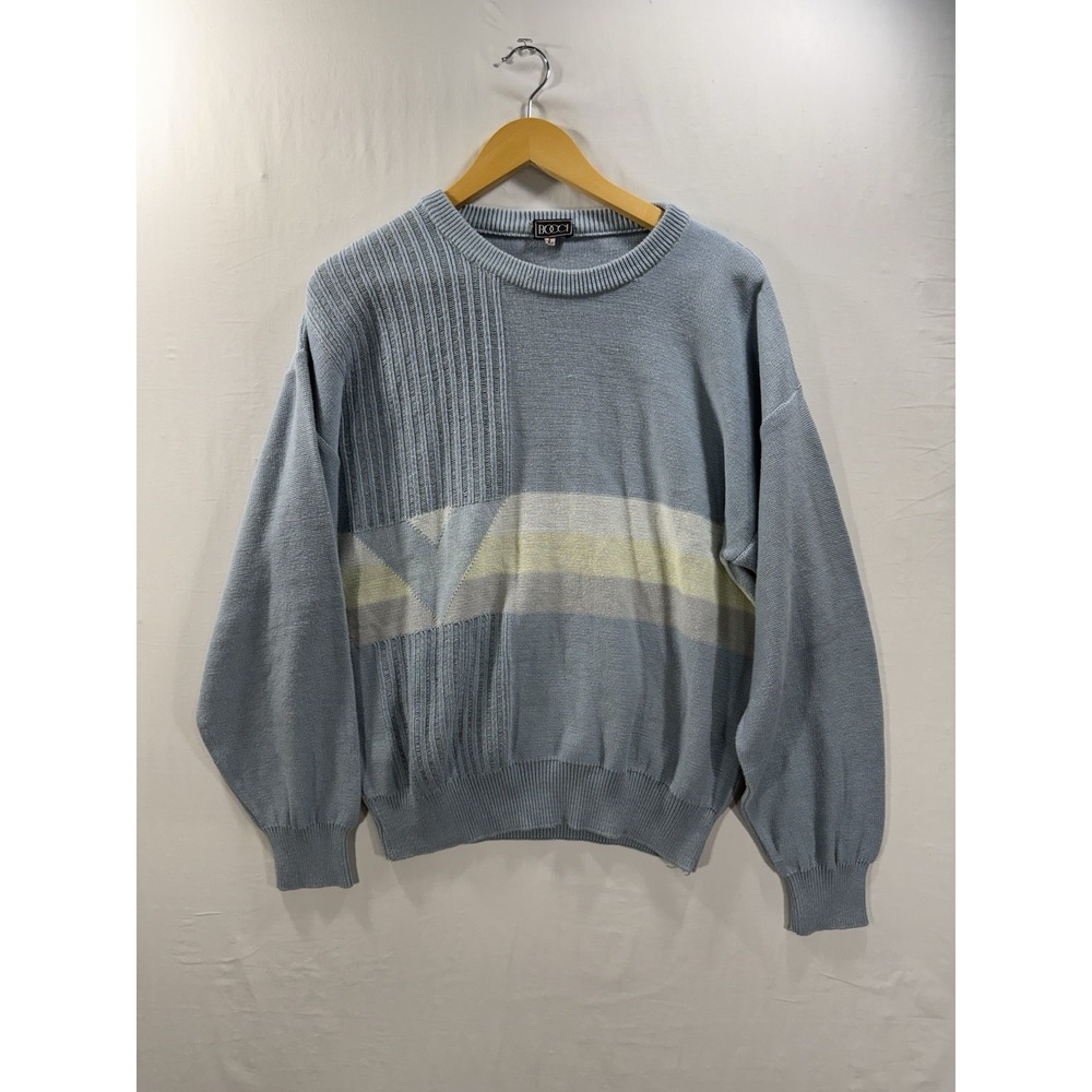 BOCCI Vintage Knit Sweater Men's Large Blue Geometric Stripe Cotton Acrylic